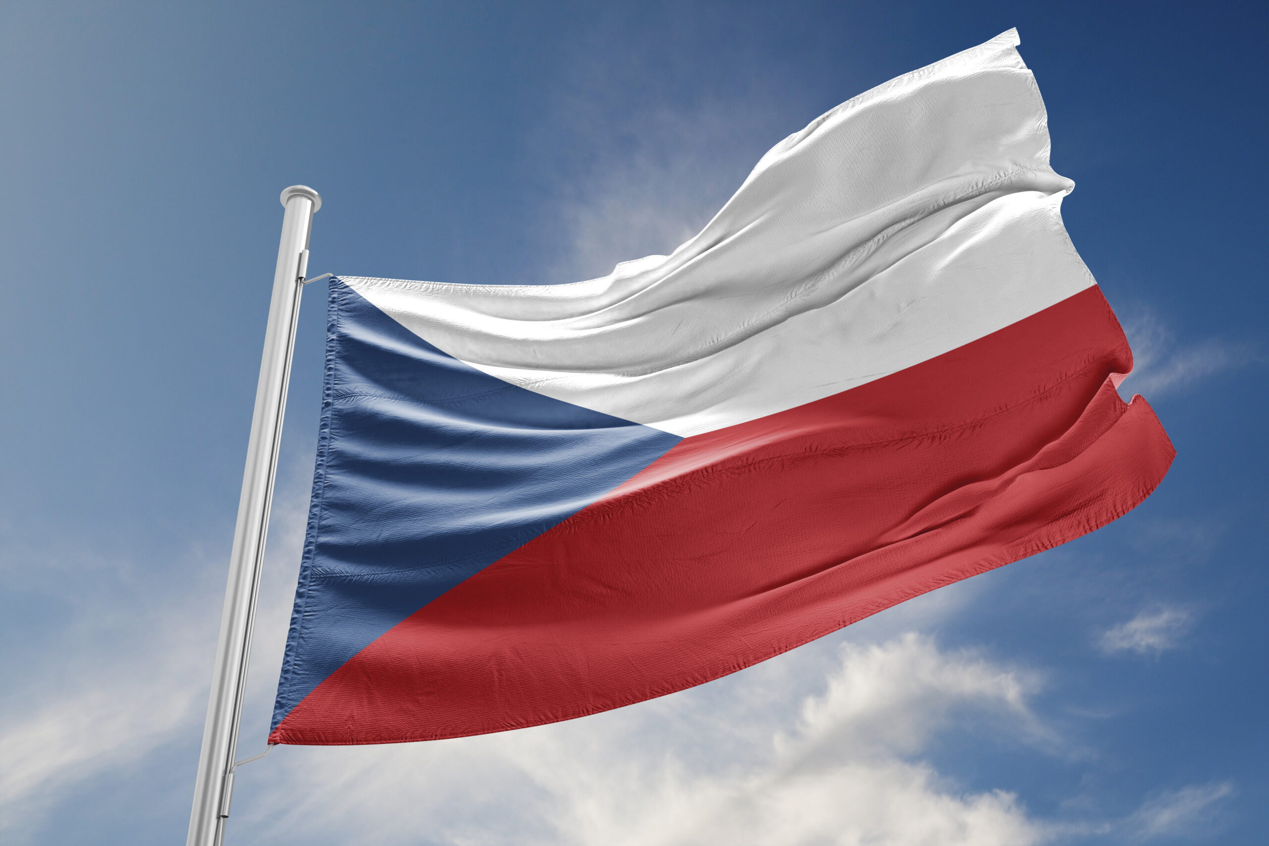 Czech Republic flag is waving at a beautiful and peaceful sky in day time while sun is shining. 3D Rendering