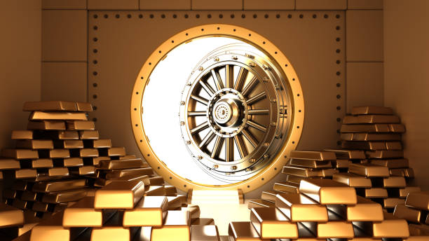 A grand vault door slowly opens, revealing stacks of shimmering gold bars stacked neatly inside. The ambient lighting highlights the opulence of the treasure stored within this secure facility.