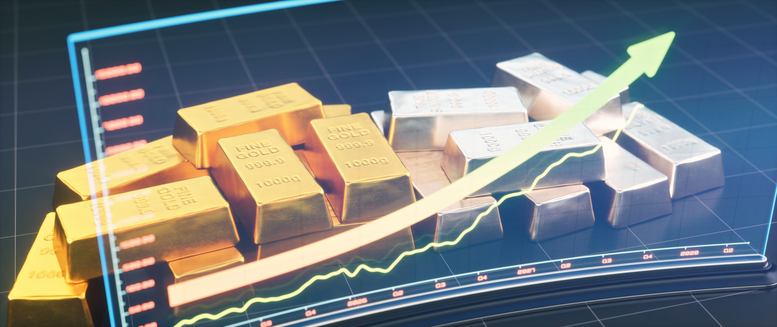 Abstract price screen with upward arrow and gold and silver ingots in the background.