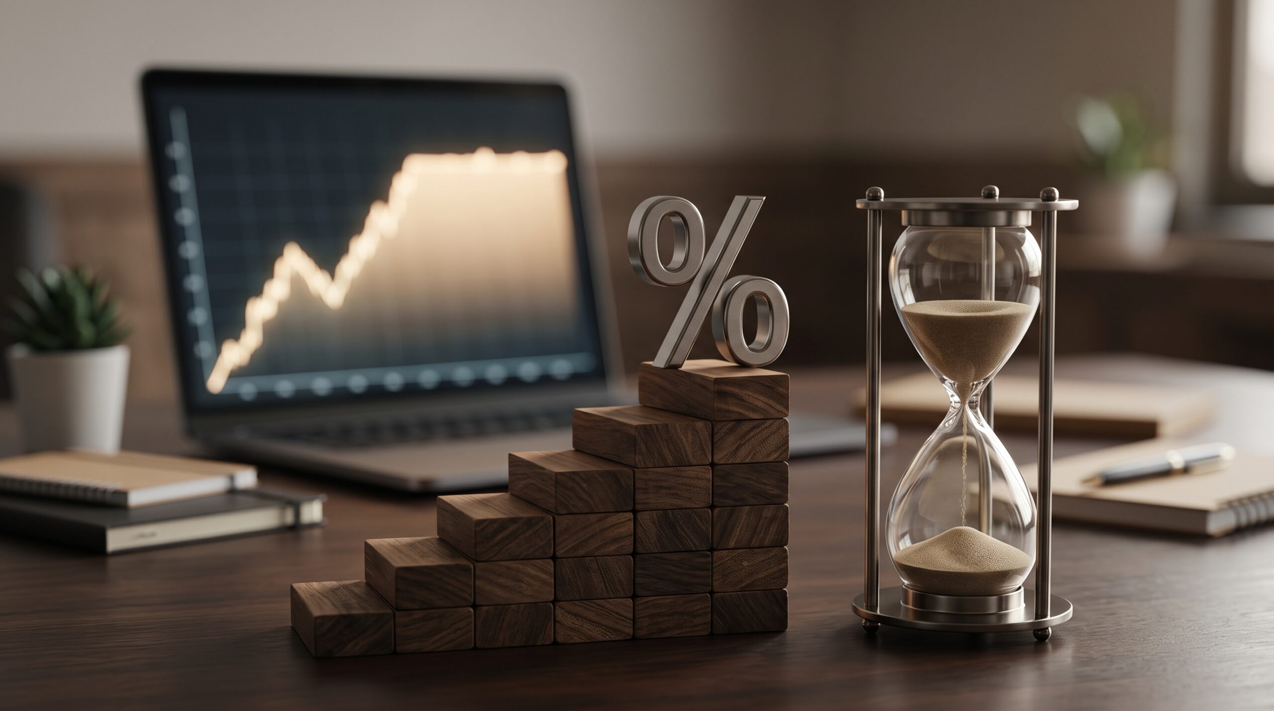 A computer in the background showing a rising interest rate graph, with wooden steps in the foreground with a percentage sign at the top of the steps, with a hour glass off to the side